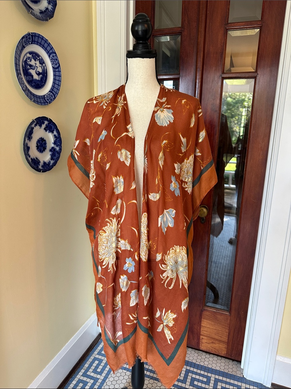NWT Woven Heart | Rust Metallic Floral Kimono Duster Wrap Cover Up, OS